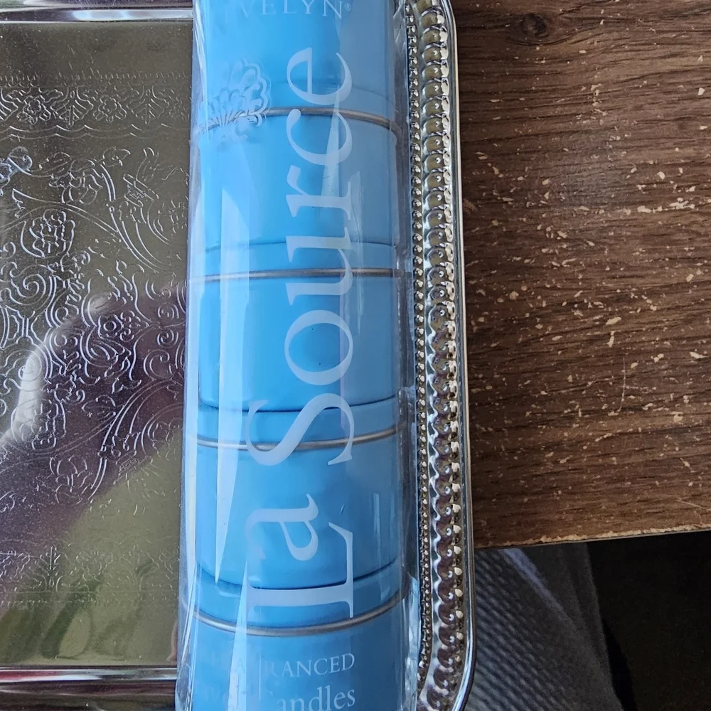 New Vintage Crabtree & Evelyn La Source Blue Travel Candle Set 5 Scented Candles